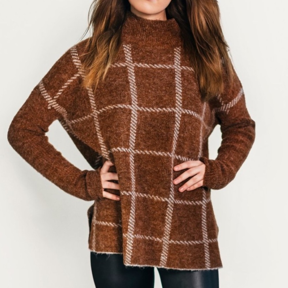 Cyrus | Wool-Blend Mockneck Windowpane Sweater Tunic - XS